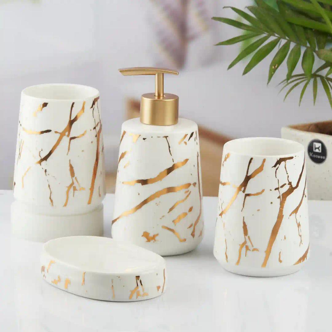 Kookee Ceramic Bathroom Accessories Set of 4, Modern Bath Set with Liquid hand wash Soap Dispenser and Toothbrush holder, Luxury Gift Accessory for Home, White/Gold (10456)