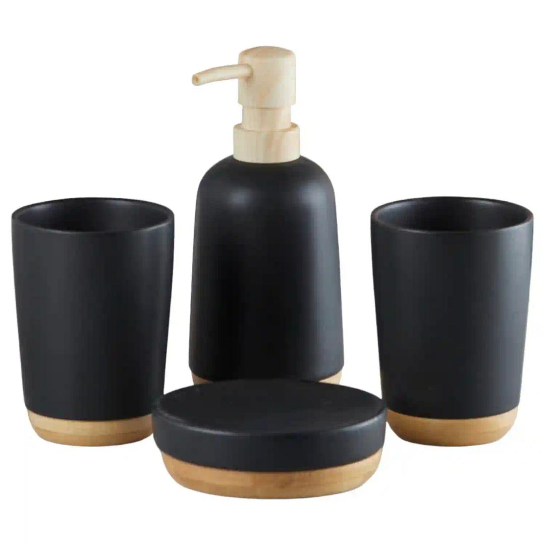 Kookee Ceramic Bathroom Accessories Set of 4, Modern Bath Set with Liquid handwash Soap Dispenser and Toothbrush holder, Luxury Gift Accessory for Home - Black (9619)