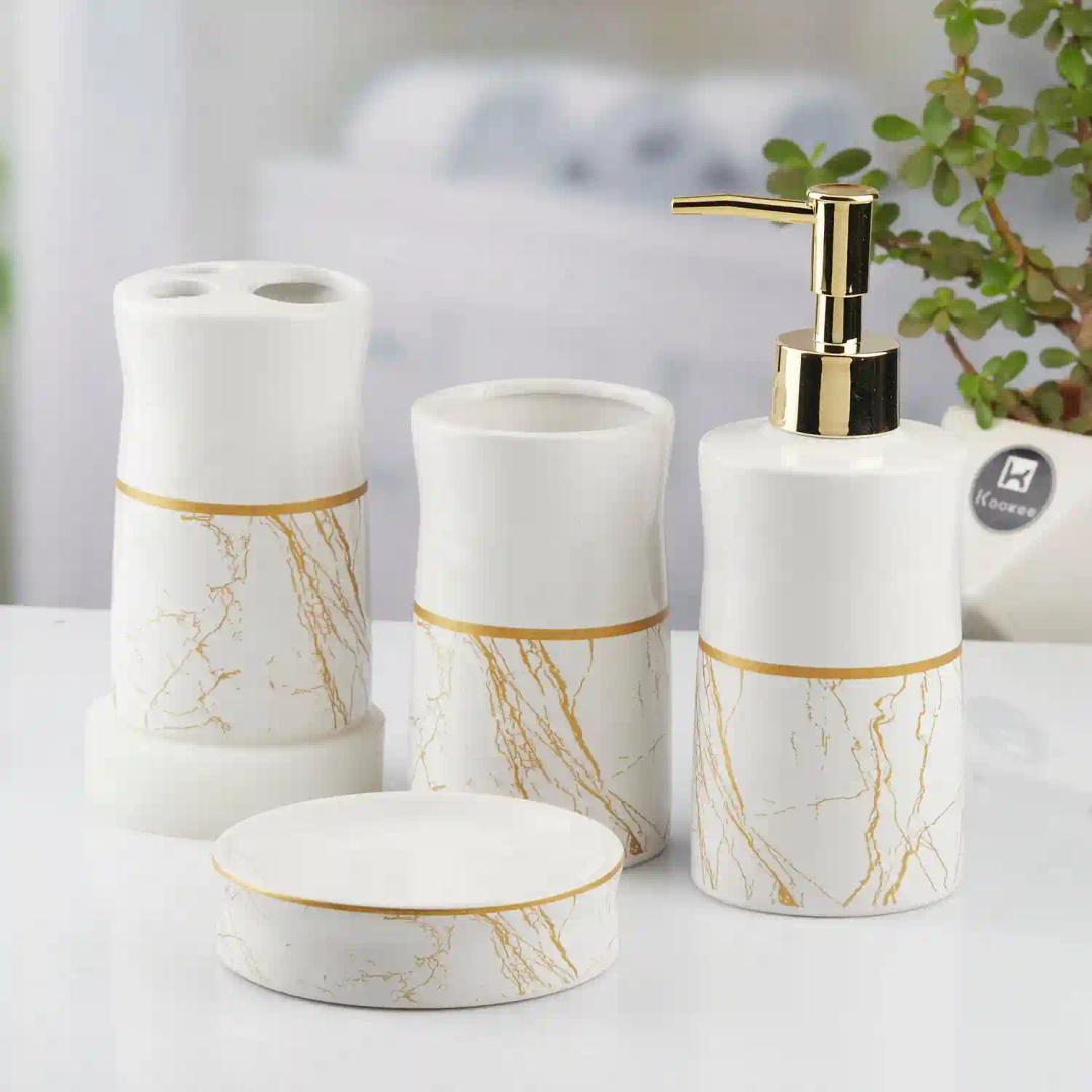 Kookee Ceramic Bathroom Accessories Set of 4, Modern Bath Set with Liquid hand wash Soap Dispenser and Toothbrush holder, Luxury Gift Accessory for Home, White/Gold (10476)