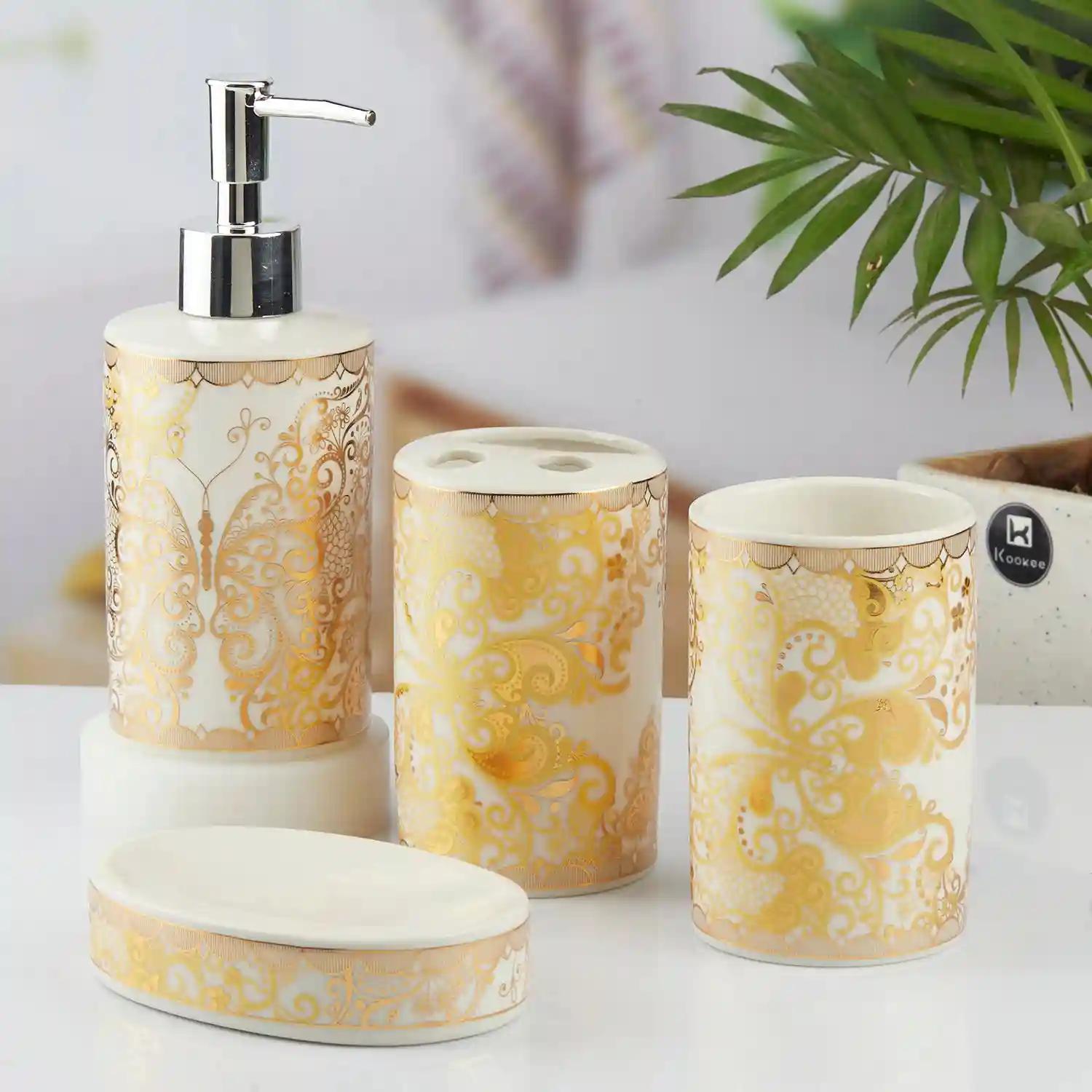 Kookee Ceramic Bathroom Accessories Set of 4, Modern Bath Set with Liquid hand wash Soap Dispenser and Toothbrush holder, Luxury Gift Accessory for Home, Gold (10378)