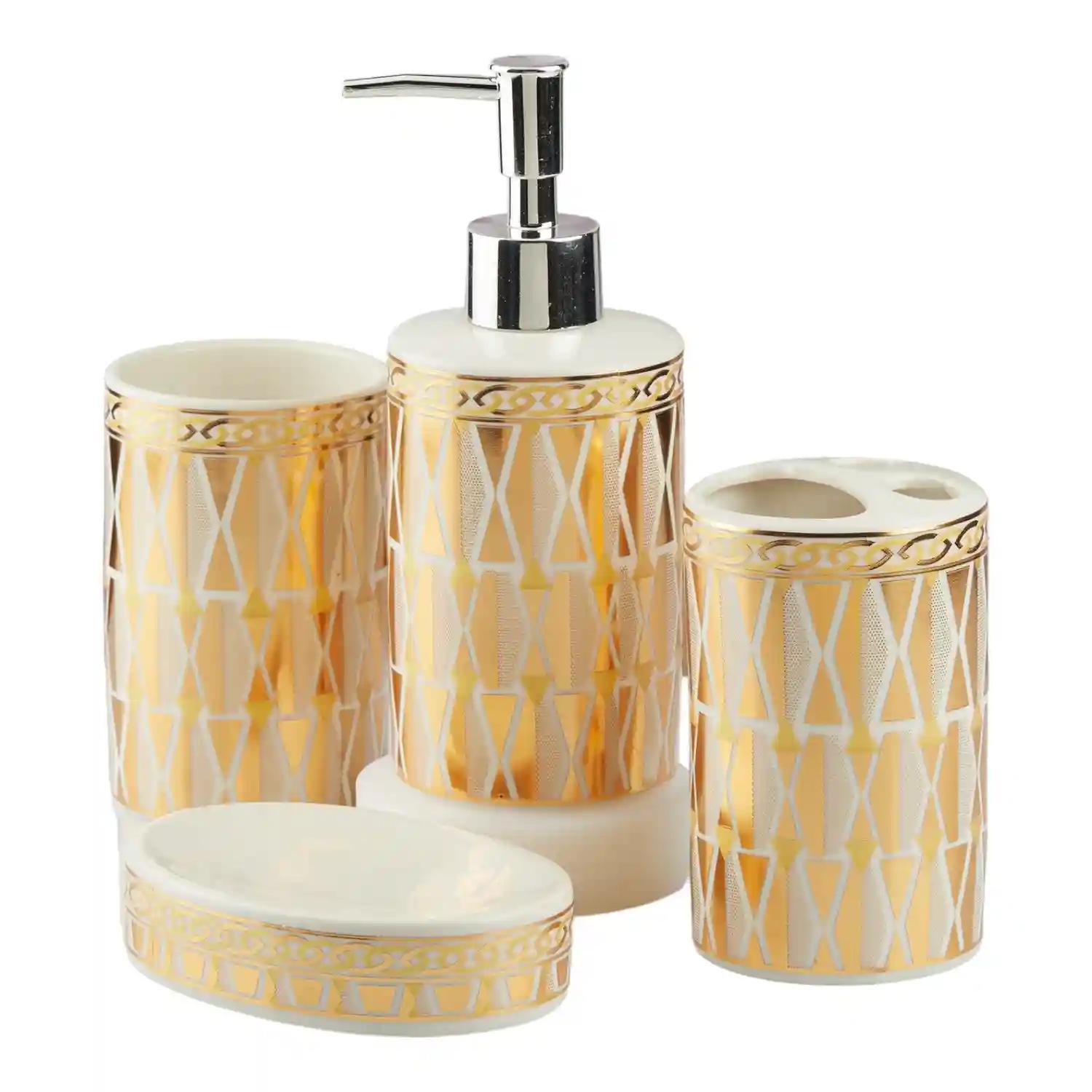 Kookee Ceramic Bathroom Accessories Set of 4, Modern Bath Set with Liquid hand wash Soap Dispenser and Toothbrush holder, Luxury Gift Accessory for Home, Gold (10394)