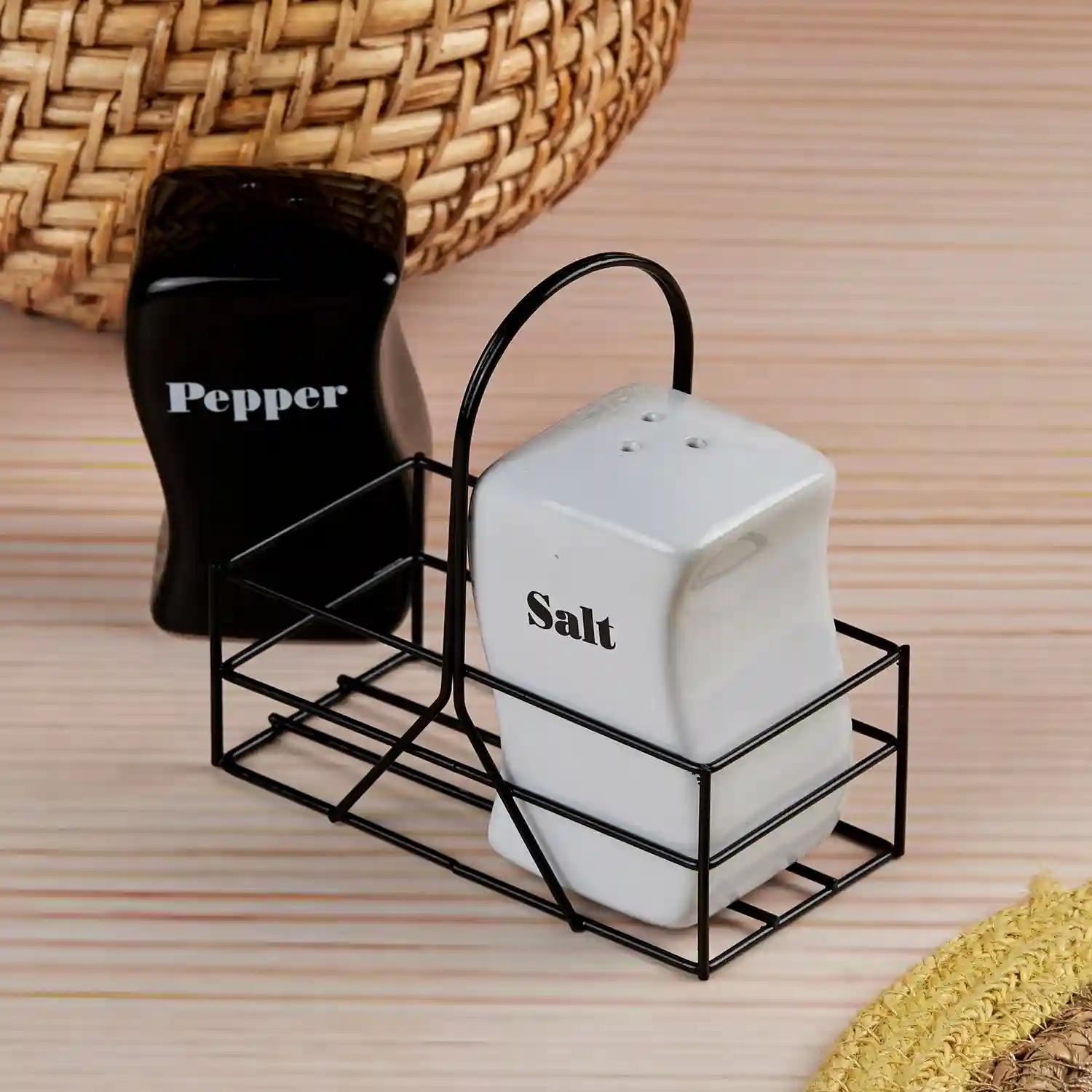 Kookee Ceramic Salt and Pepper Shakers Set with tray for Dining Table used as Namak Dhani, Shaker, Sprinkler, Spices Dispenser for Home, Kitchen and Restaurant, Black/White (10659)