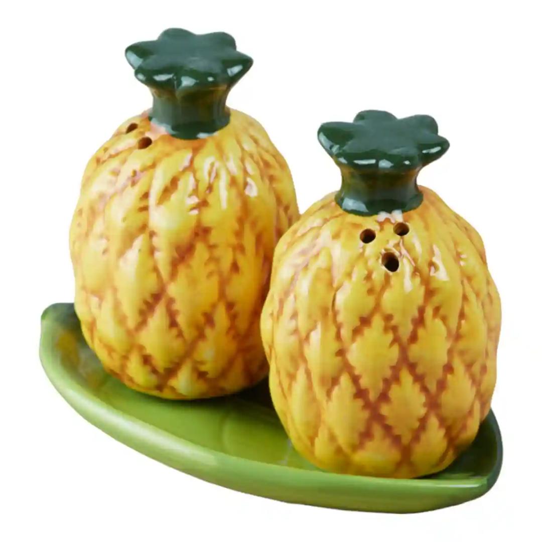 Kookee Ceramic Salt and Pepper Shakers Set with tray for Dining Table used as Namak Dhani, Shaker, Sprinkler, Spices Dispenser for Home, Kitchen and Restaurant, Pineapple (9968)