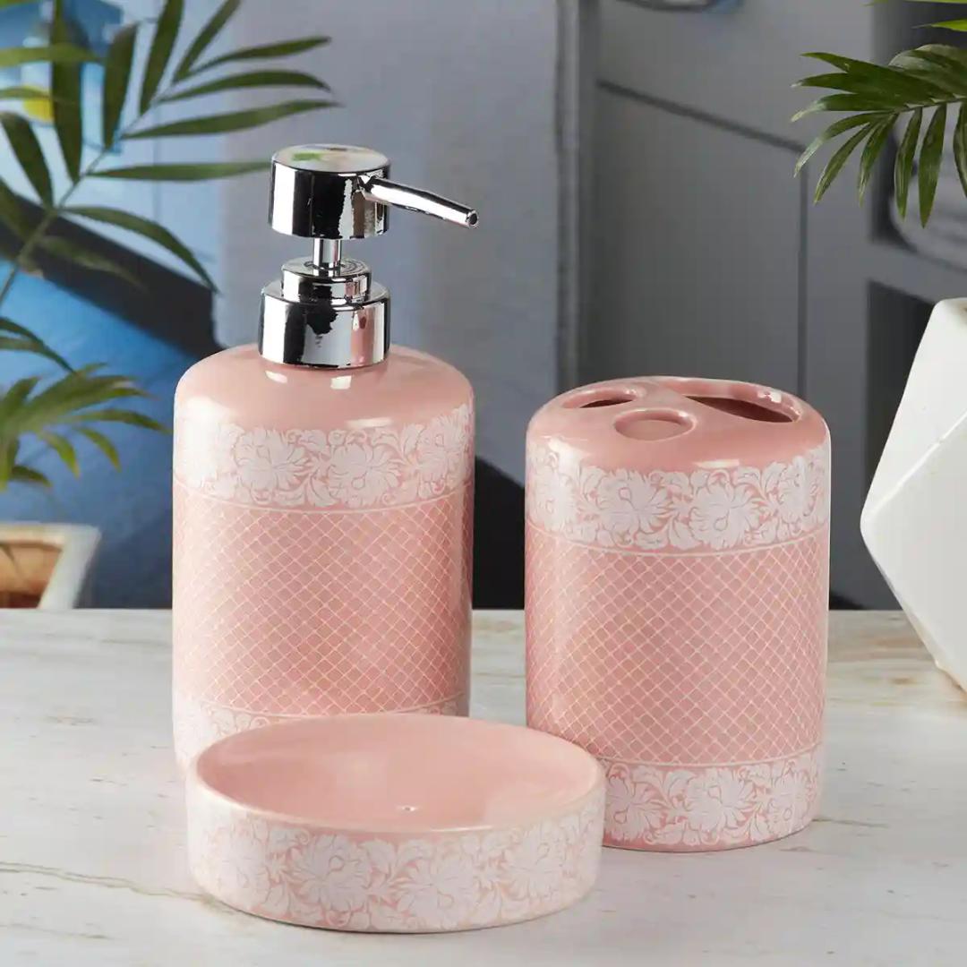 Kookee Ceramic Bathroom Accessories Set of 3, Modern Bath Set with Liquid handwash Soap Dispenser and Toothbrush holder, Luxury Gift Accessory for Home - Pink (5763)