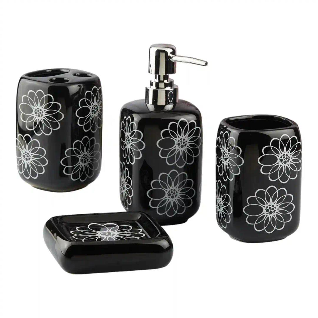 Kookee Ceramic Bathroom Accessories Set of 4, Modern Bath Set with Liquid hand wash Soap Dispenser and Toothbrush holder, Luxury Gift Accessory for Home, Black (10449)