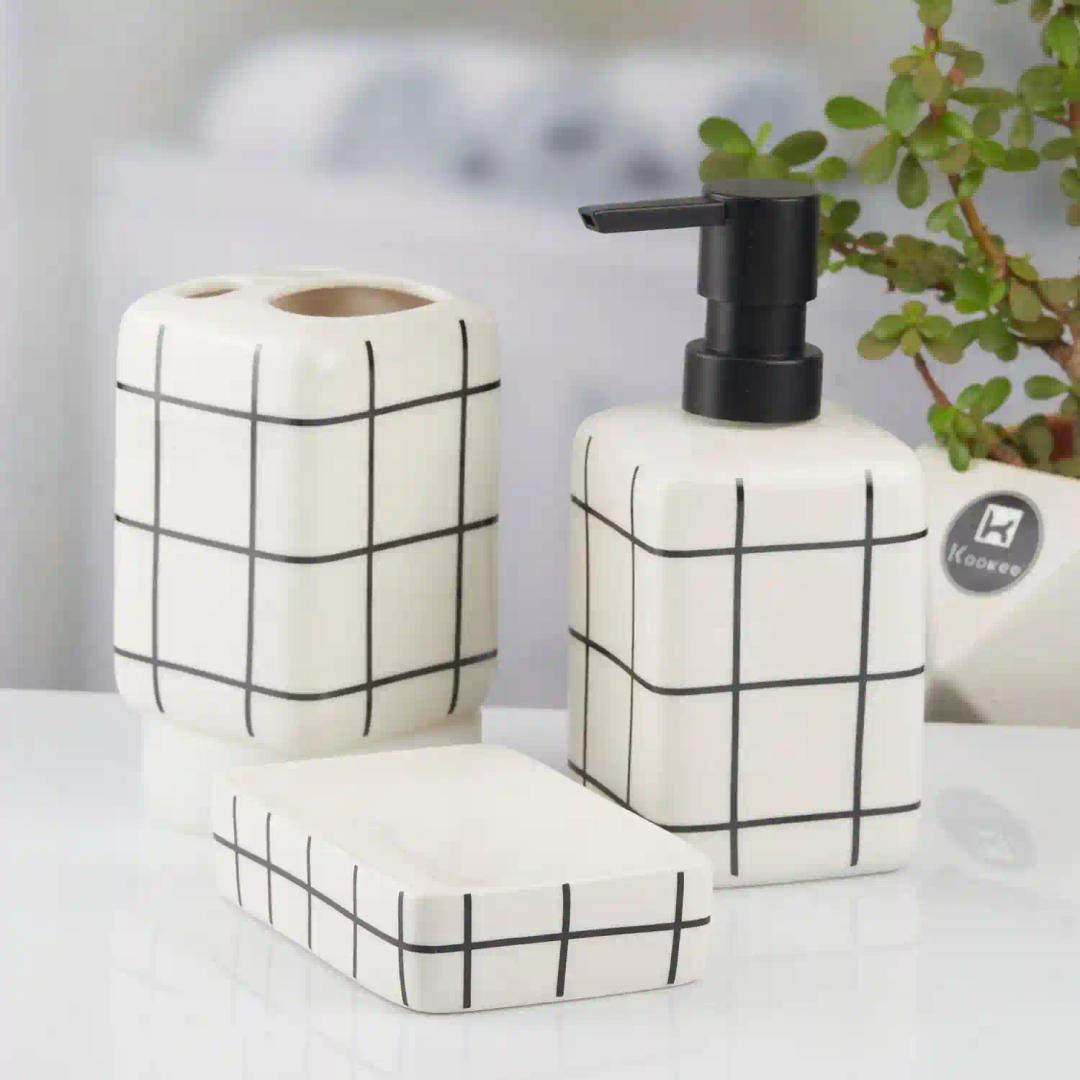 Kookee Ceramic Bathroom Accessories Set of 3, Modern Bath Set with Liquid hand wash Soap Dispenser and Toothbrush holder, Luxury Gift Accessory for Home, White/Black (10717)