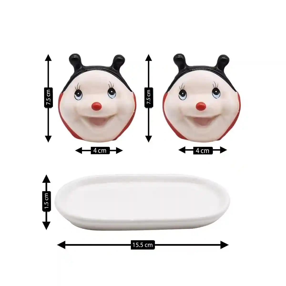 Kookee Ceramic Salt and Pepper Shakers Set with tray for Dining Table used as Namak Dhani, Shaker, Sprinkler, Spices Dispenser for Home, Kitchen and Restaurant, Lady Bug Design, Red Black (8568)