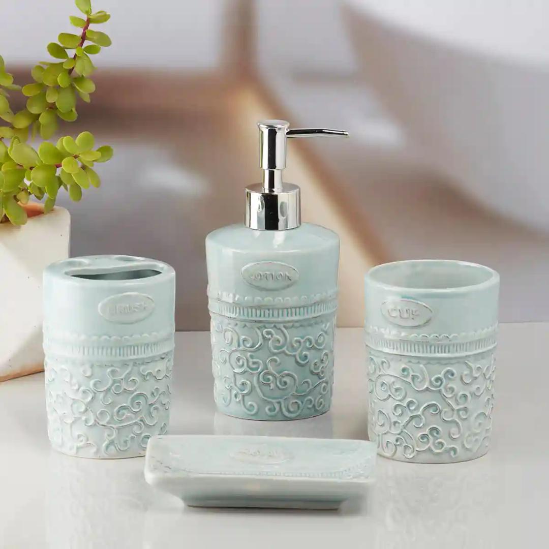 Kookee Ceramic Bathroom Accessories Set of 4, Modern Bath Set with Liquid handwash Soap Dispenser and Toothbrush holder, Luxury Gift Accessory for Home - Blue (10181)