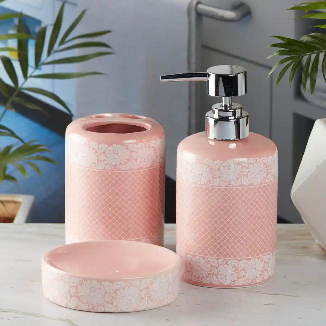 Kookee Ceramic Bathroom Accessories Set of 3, Modern Bath Set with Liquid handwash Soap Dispenser and Toothbrush holder, Luxury Gift Accessory for Home - Pink (5763)