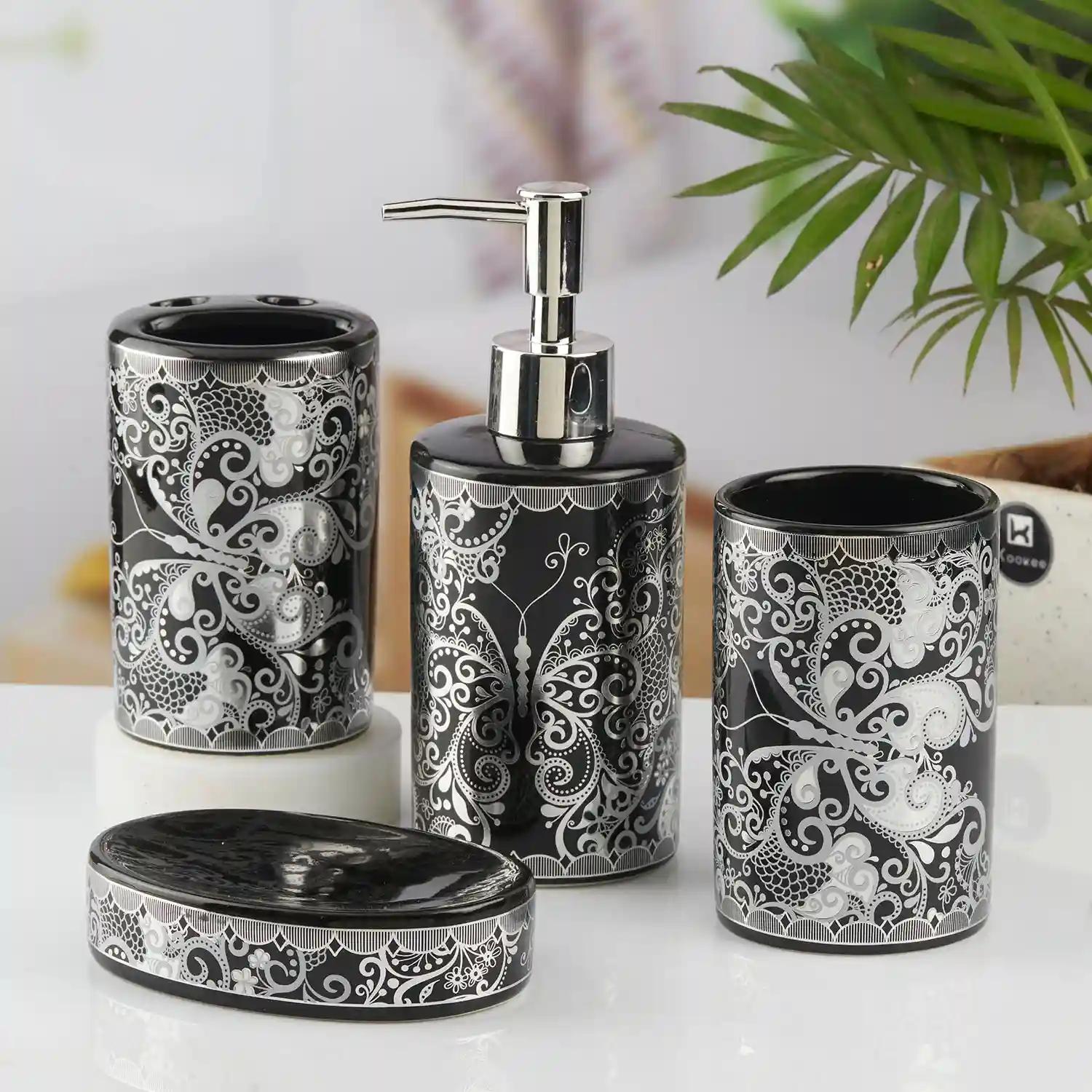 Kookee Ceramic Bathroom Accessories Set of 4, Modern Bath Set with Liquid hand wash Soap Dispenser and Toothbrush holder, Luxury Gift Accessory for Home, Black/Silver (10461)