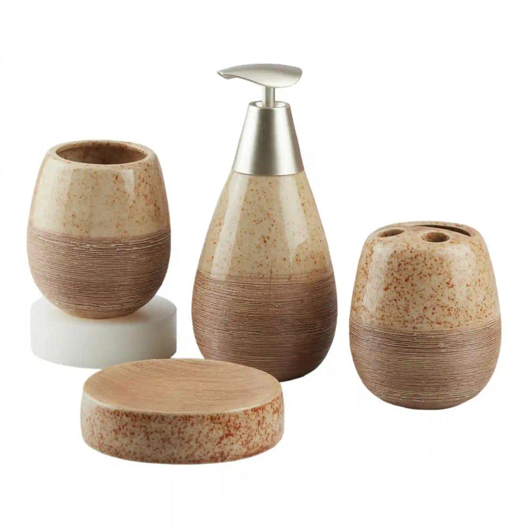 Kookee Ceramic Bathroom Accessories Set of 4, Modern Bath Set with Liquid hand wash Soap Dispenser and Toothbrush holder, Luxury Gift Accessory for Home, Beige | Brown (8849)