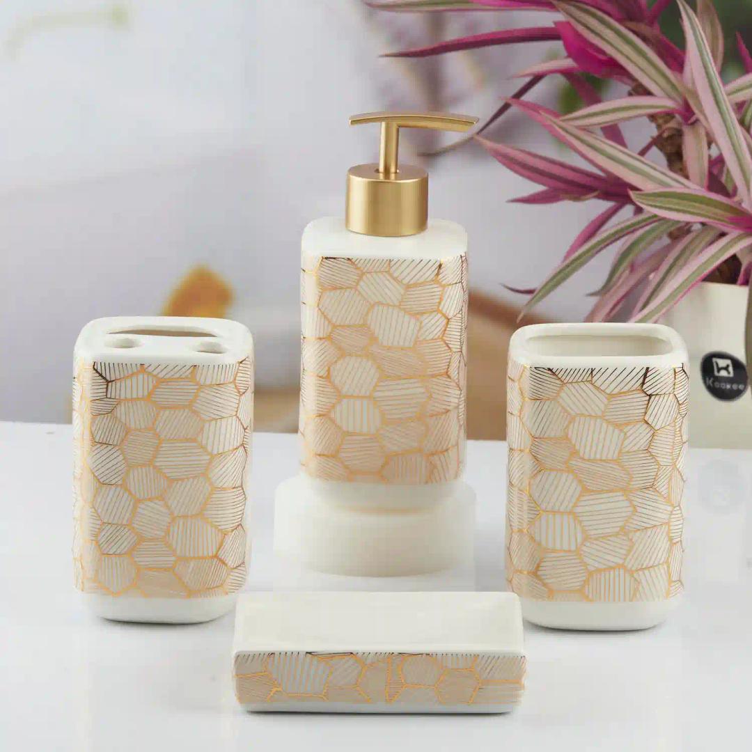 Kookee Ceramic Bathroom Accessories Set of 4, Modern Bath Set with Liquid hand wash Soap Dispenser and Toothbrush holder, Luxury Gift Accessory for Home, White/Gold (10458)