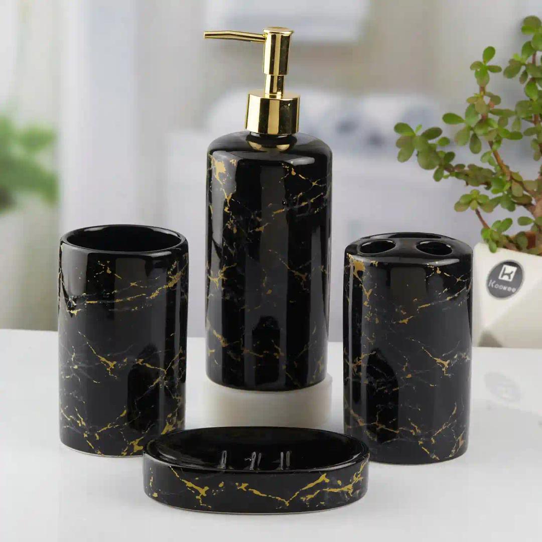 Kookee Ceramic Bathroom Accessories Set of 4, Modern Bath Set with Liquid hand wash Soap Dispenser and Toothbrush holder, Luxury Gift Accessory for Home, Black (10390)