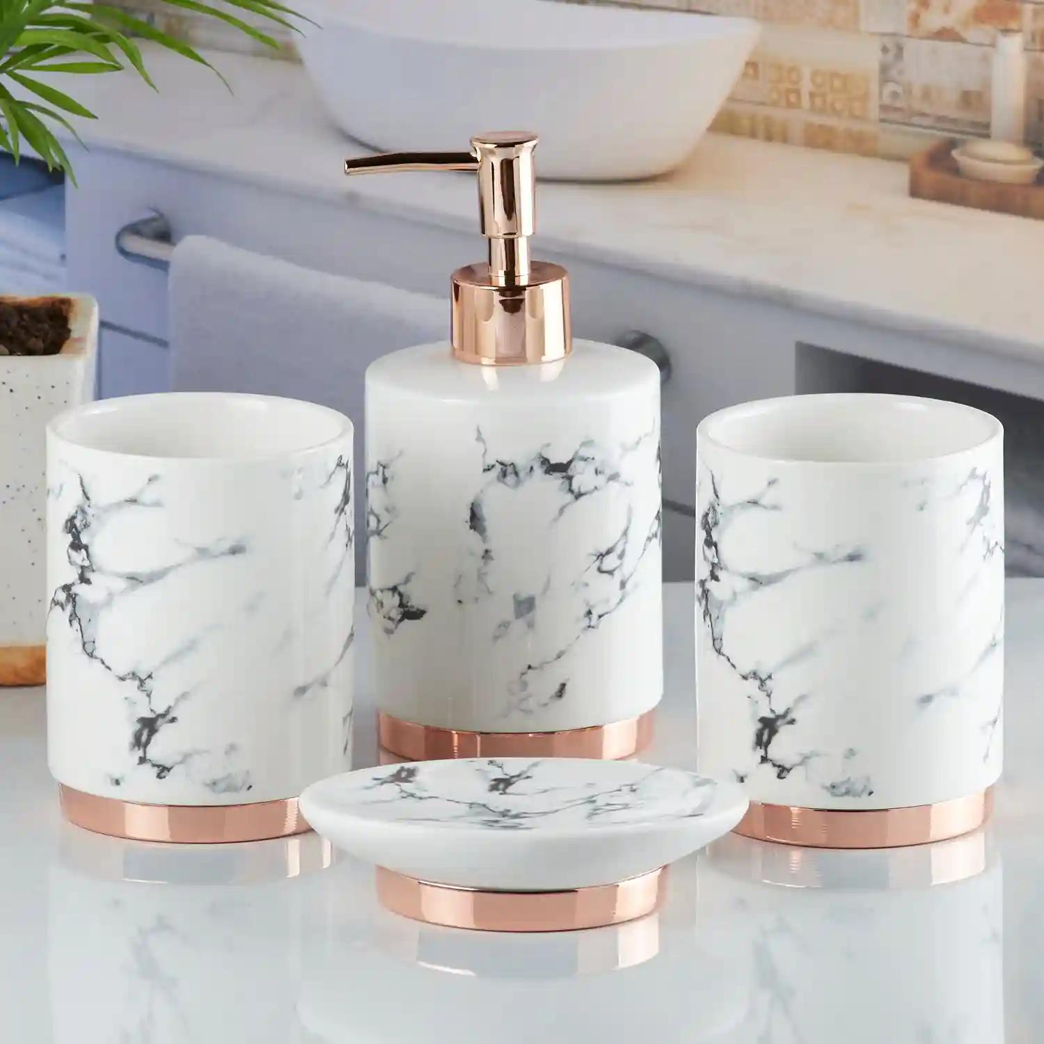 Kookee Ceramic Bathroom Accessories Set of 4, Modern Bath Set with Liquid handwash Soap Dispenser and Toothbrush holder, Luxury Gift Accessory for Home - White (9600)