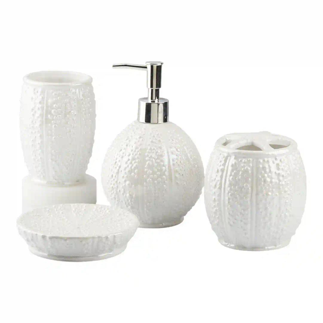 Kookee Ceramic Bathroom Accessories Set of 4, Modern Bath Set with Liquid hand wash Soap Dispenser and Toothbrush holder, Luxury Gift Accessory for Home, White (10478)