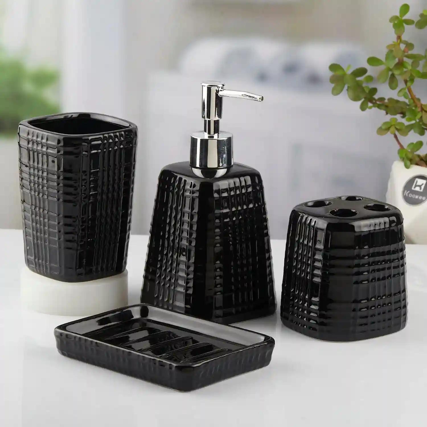 Kookee Ceramic Bathroom Accessories Set of 4, Modern Bath Set with Liquid hand wash Soap Dispenser and Toothbrush holder, Luxury Gift Accessory for Home, Black (10467)