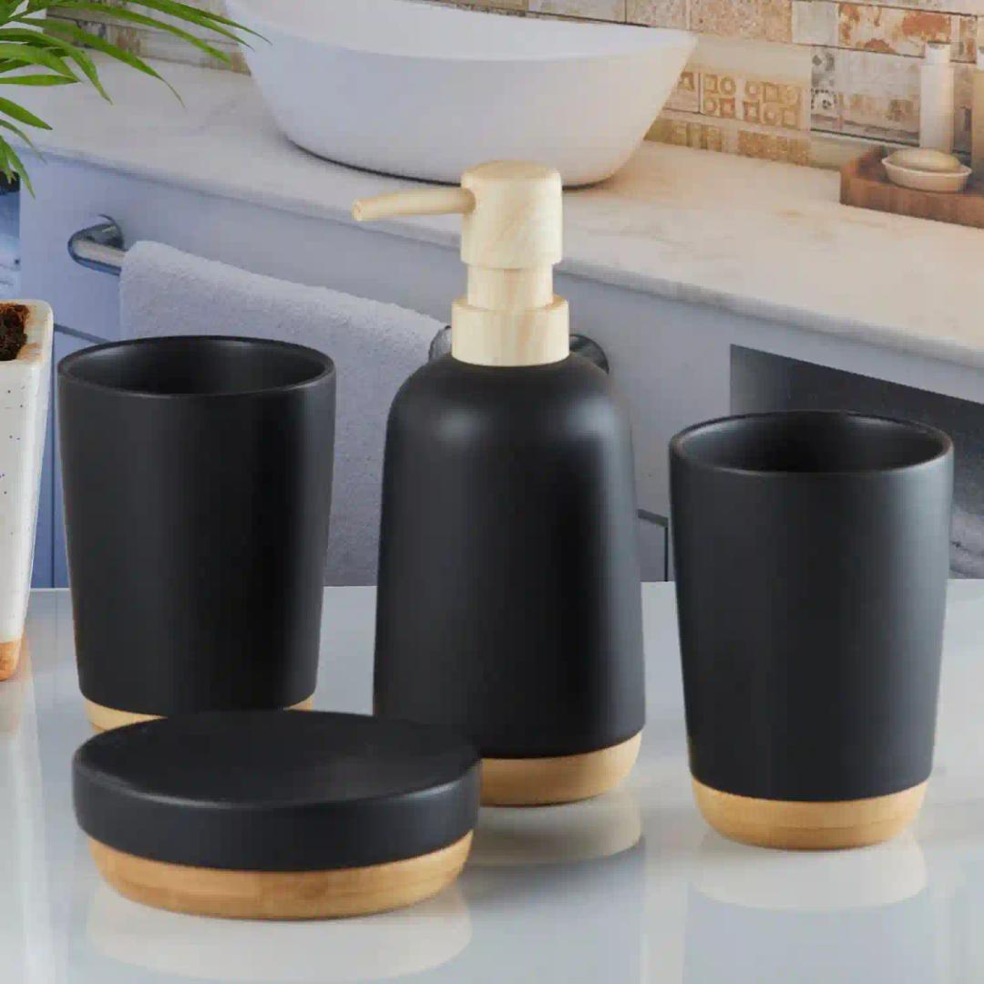 Kookee Ceramic Bathroom Accessories Set of 4, Modern Bath Set with Liquid handwash Soap Dispenser and Toothbrush holder, Luxury Gift Accessory for Home - Black (9619)