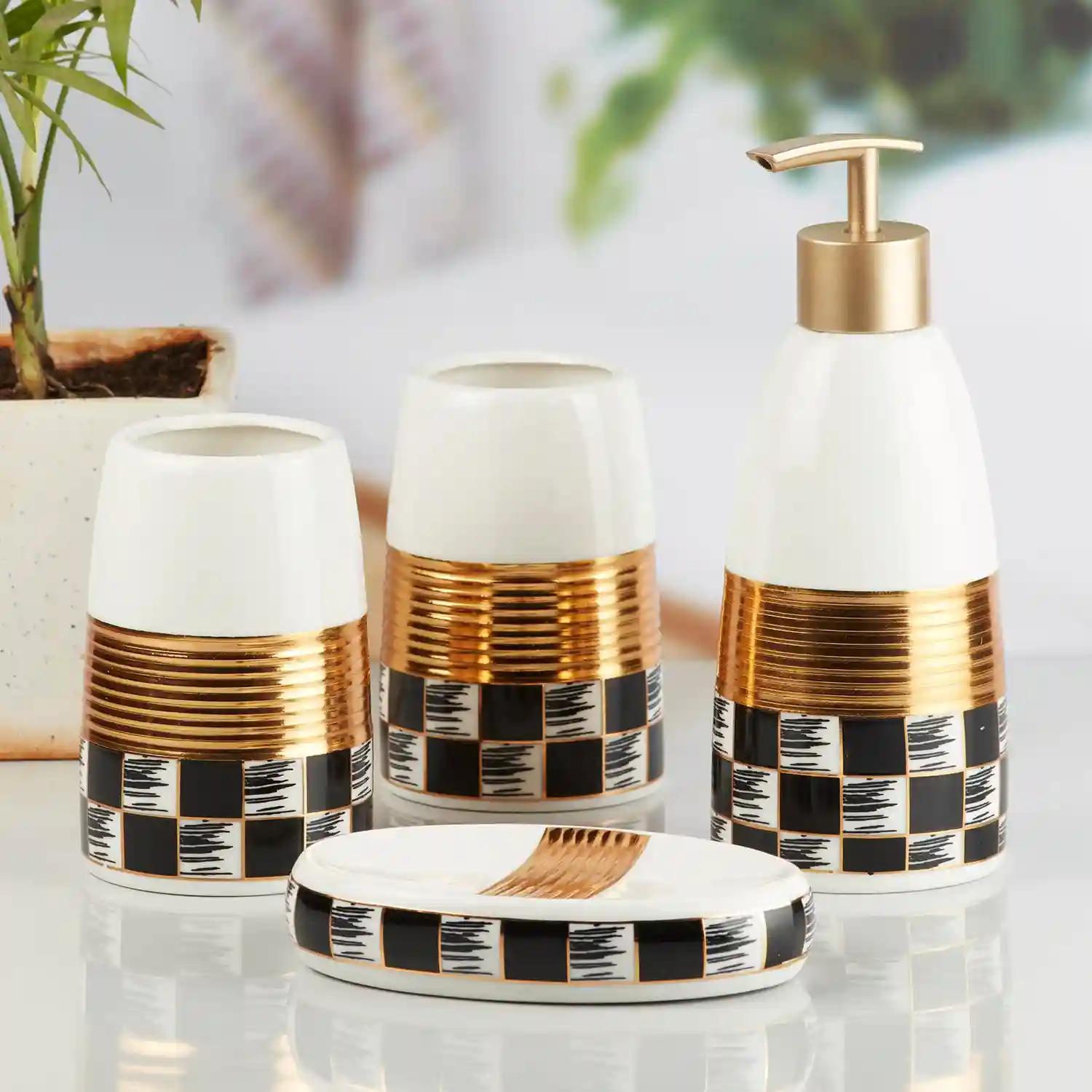 Kookee Ceramic Bathroom Accessories Set of 4, Modern Bath Set with Liquid handwash Soap Dispenser and Toothbrush holder, Luxury Gift Accessory for Home - Multicolor (10081)