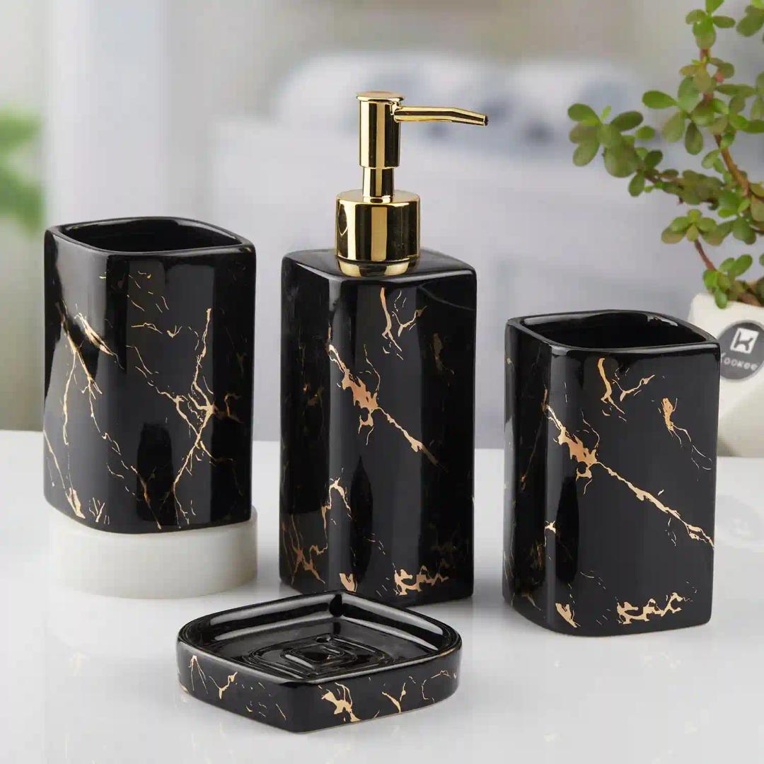 Kookee Ceramic Bathroom Accessories Set of 4, Modern Bath Set with Liquid hand wash Soap Dispenser and Toothbrush holder, Luxury Gift Accessory for Home, Black (10399)