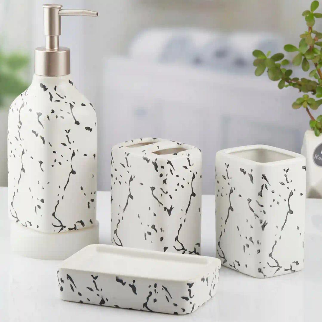 Kookee Ceramic Bathroom Accessories Set of 4, Modern Bath Set with Liquid hand wash Soap Dispenser and Toothbrush holder, Luxury Gift Accessory for Home, White (10445)