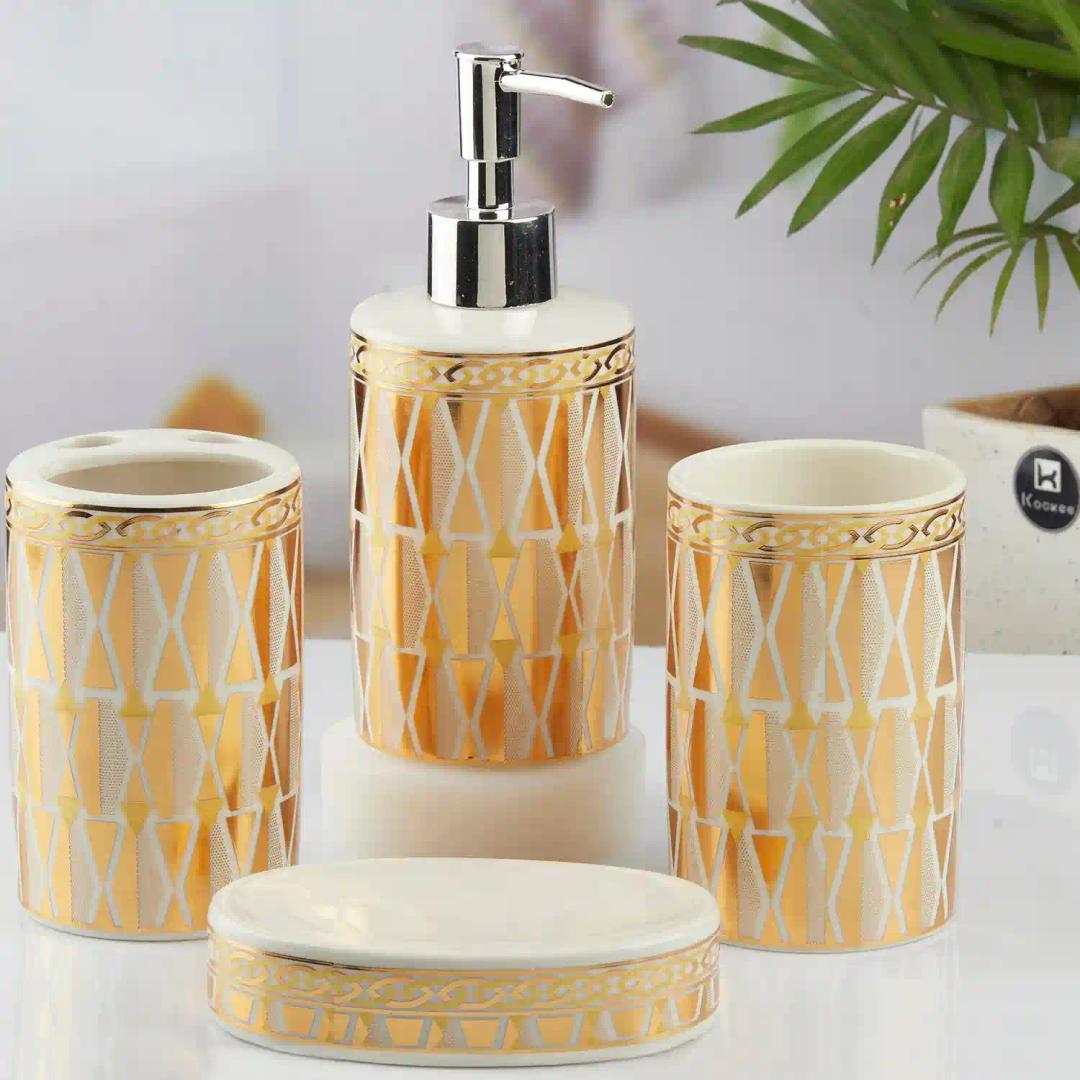 Kookee Ceramic Bathroom Accessories Set of 4, Modern Bath Set with Liquid hand wash Soap Dispenser and Toothbrush holder, Luxury Gift Accessory for Home, Gold (10394)