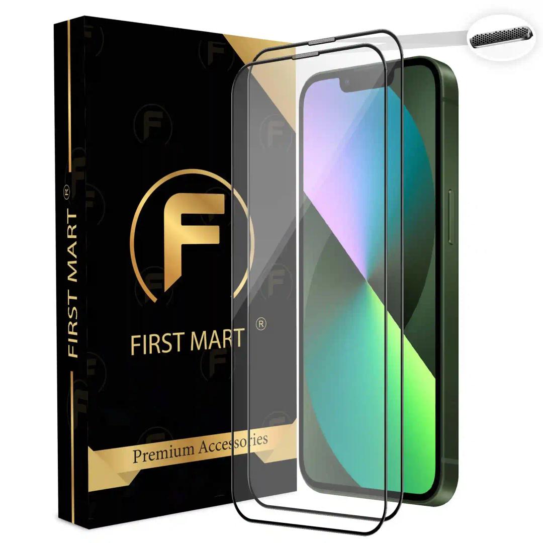 FIRST MART Premium Tempered Glass for iPhone 13 / iPhone 14/13 Pro Edge to Edge Screen Coverage and Speaker Mesh Dust Filter, Easy Installation Kit, Pack of 2, Black