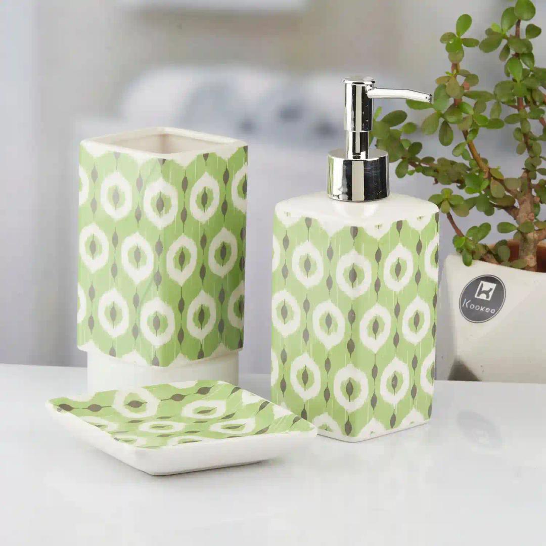 Kookee Ceramic Bathroom Accessories Set of 3, Modern Bath Set with Liquid hand wash Soap Dispenser and Toothbrush holder, Luxury Gift Accessory for Home, Green (10421)