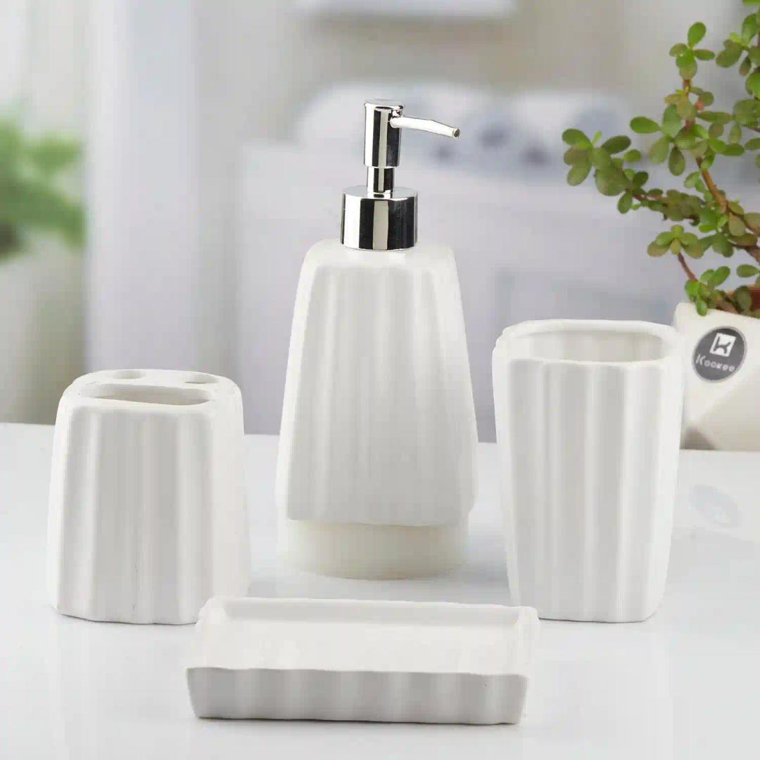 Kookee Ceramic Bathroom Accessories Set of 4, Modern Bath Set with Liquid hand wash Soap Dispenser and Toothbrush holder, Luxury Gift Accessory for Home, White (10468)