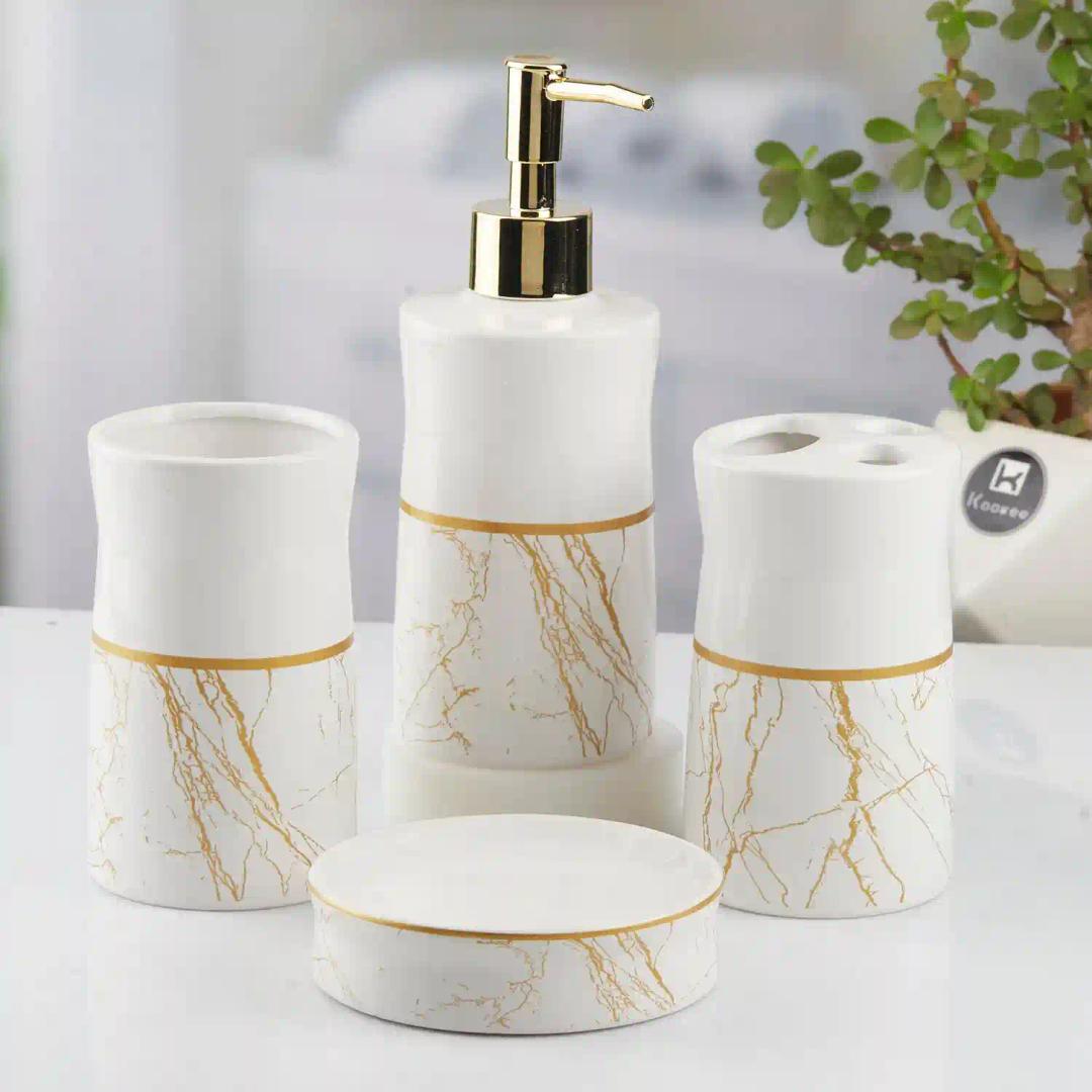 Kookee Ceramic Bathroom Accessories Set of 4, Modern Bath Set with Liquid hand wash Soap Dispenser and Toothbrush holder, Luxury Gift Accessory for Home, White/Gold (10476)