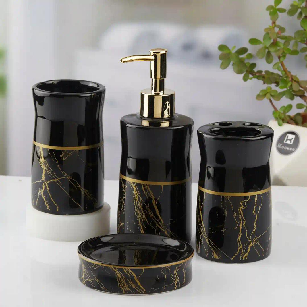 Kookee Ceramic Bathroom Accessories Set of 4, Modern Bath Set with Liquid hand wash Soap Dispenser and Toothbrush holder, Luxury Gift Accessory for Home, Black/Gold (10475)