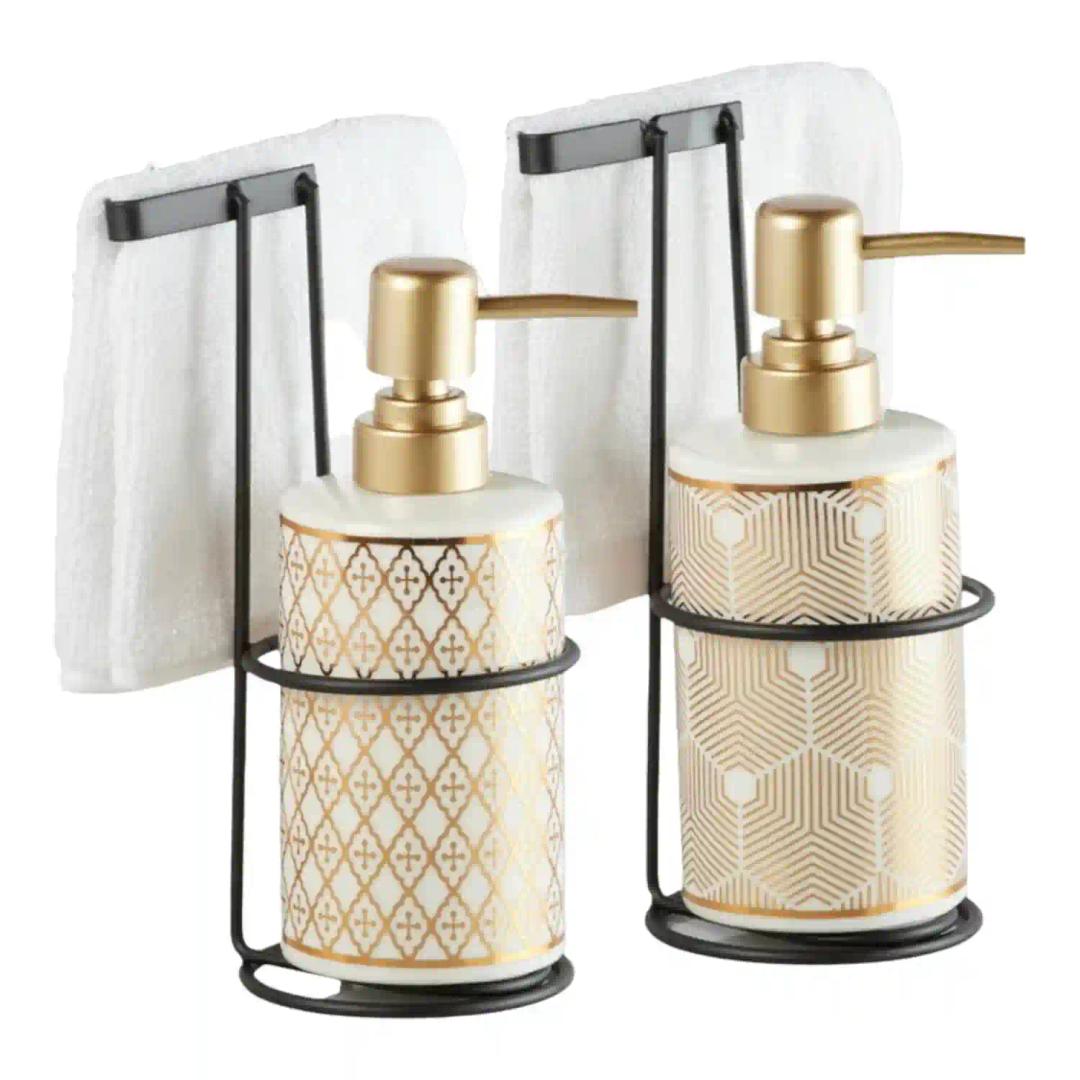 Kookee Ceramic Soap Dispenser for Bathroom hand wash, refillable pump bottle for Kitchen hand wash basin, Set of 2, White/Gold (11029)