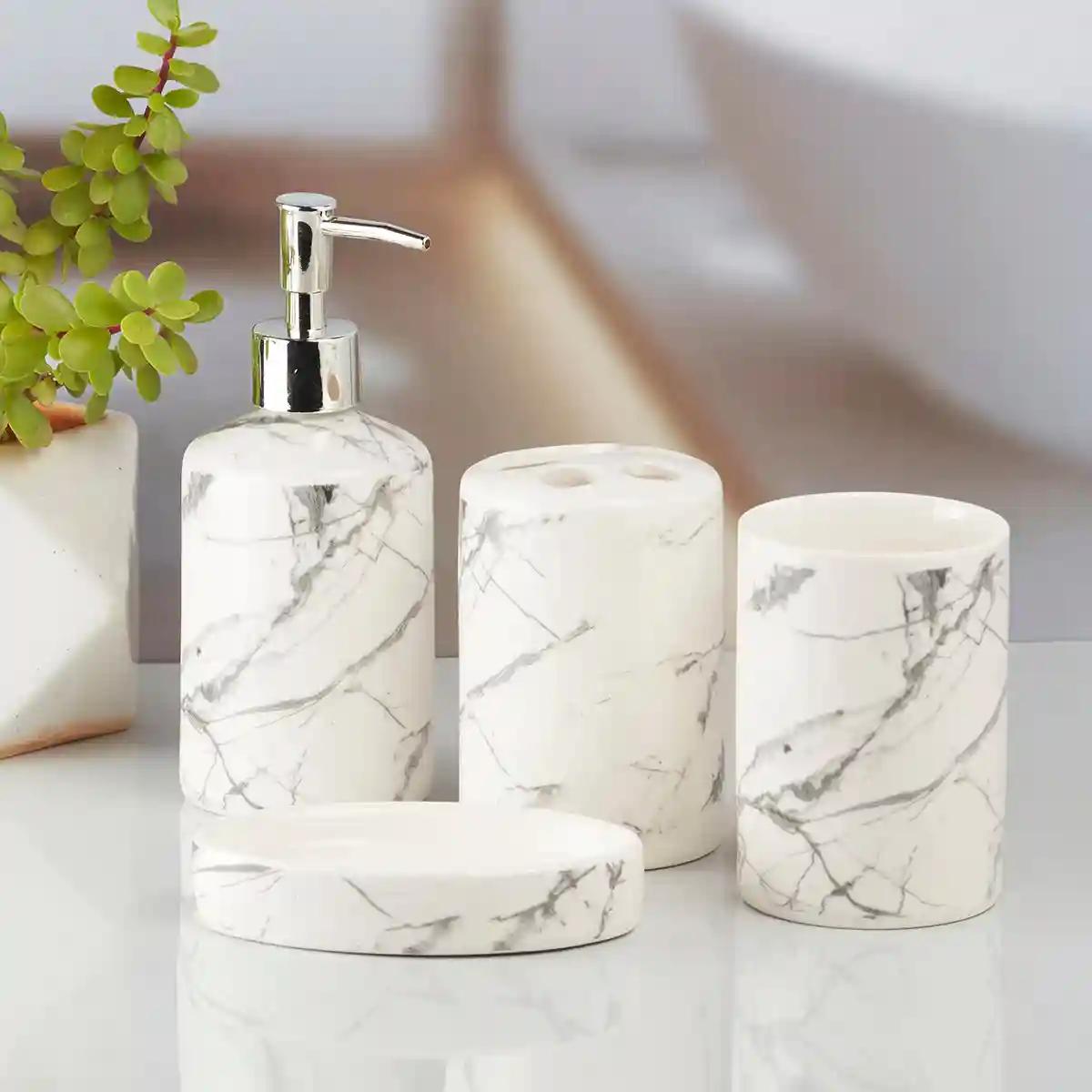 Kookee Ceramic Bathroom Accessories Set of 4, Modern Bath Set with Liquid handwash Soap Dispenser and Toothbrush holder, Luxury Gift Accessory for Home - White (8074)