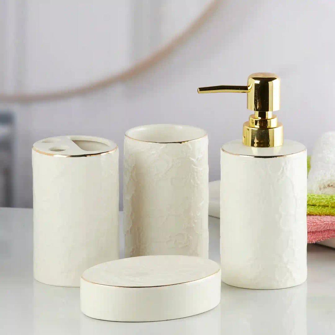 Kookee Ceramic Bathroom Accessories Set of 4, Modern Bath Set with Liquid handwash Soap Dispenser and Toothbrush holder, Luxury Gift Accessory for Home - White (10255)