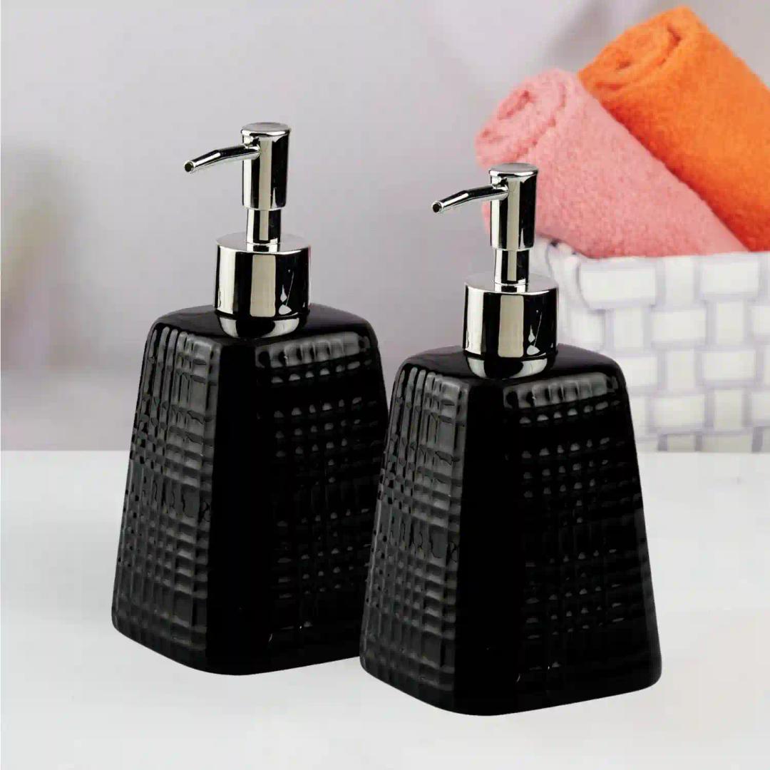 Kookee Ceramic Soap Dispenser for Bathroom hand wash, refillable pump bottle for Kitchen hand wash basin, Set of 2, Black (10993)