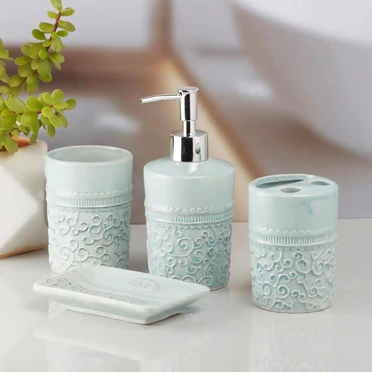 Kookee Ceramic Bathroom Accessories Set of 4, Modern Bath Set with Liquid handwash Soap Dispenser and Toothbrush holder, Luxury Gift Accessory for Home - Blue (10181)