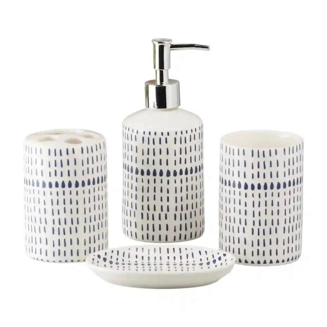 Kookee Ceramic Bathroom Accessories Set of 4, Modern Bath Set with Liquid handwash Soap Dispenser and Toothbrush holder, Luxury Gift Accessory for Home - White (10179)