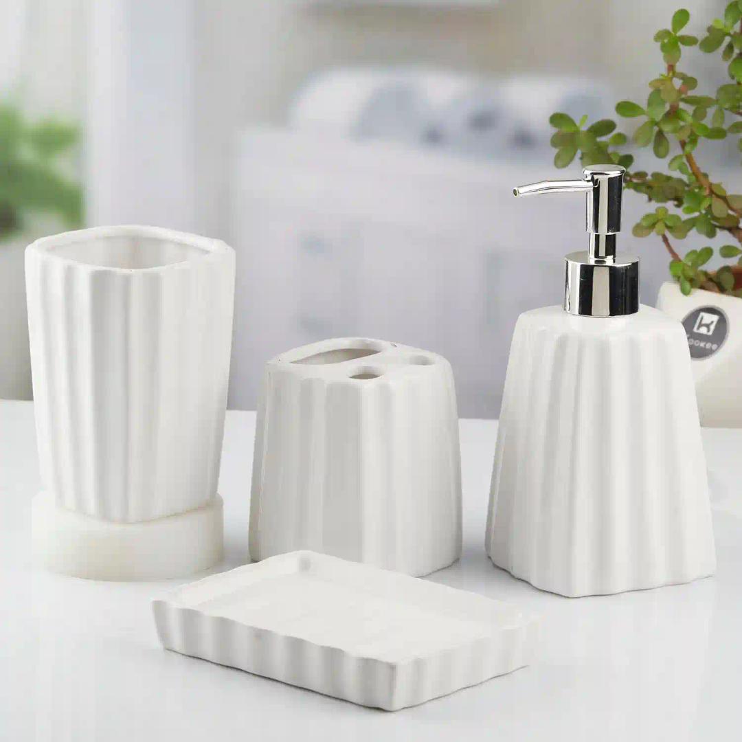 Kookee Ceramic Bathroom Accessories Set of 4, Modern Bath Set with Liquid hand wash Soap Dispenser and Toothbrush holder, Luxury Gift Accessory for Home, White (10468)