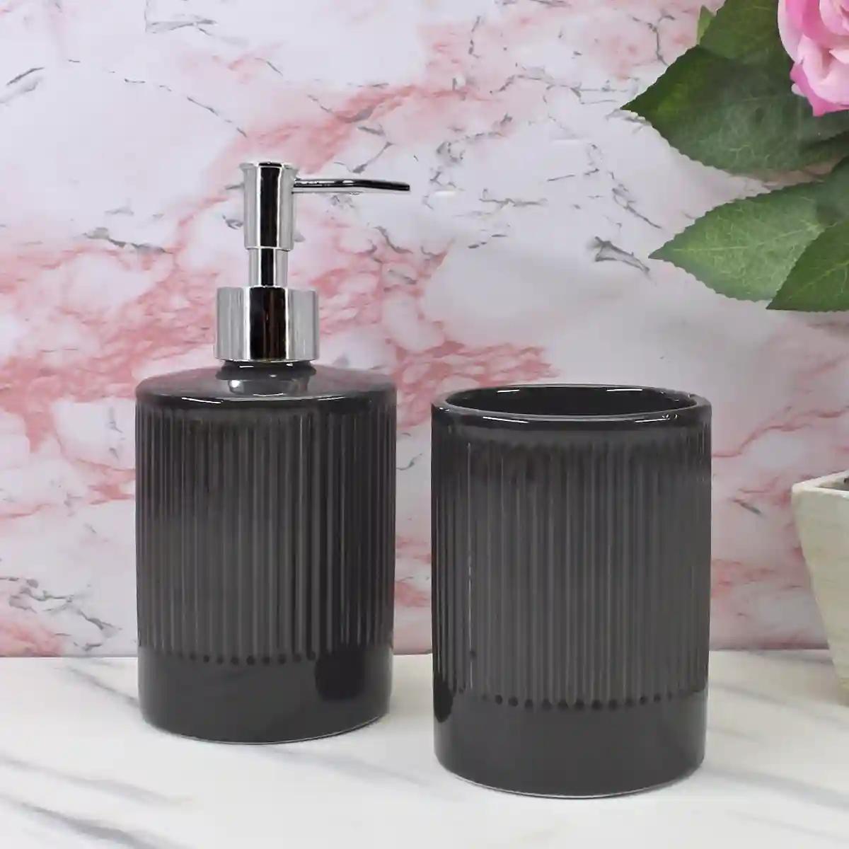 Kookee Ceramic Bathroom Accessories Set of 2, Modern Bath Set with Liquid handwash Soap Dispenser and Toothbrush holder, Luxury Gift Accessory for Home - Black (9718)