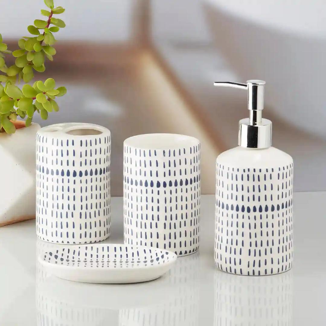 Kookee Ceramic Bathroom Accessories Set of 4, Modern Bath Set with Liquid handwash Soap Dispenser and Toothbrush holder, Luxury Gift Accessory for Home - White (10179)