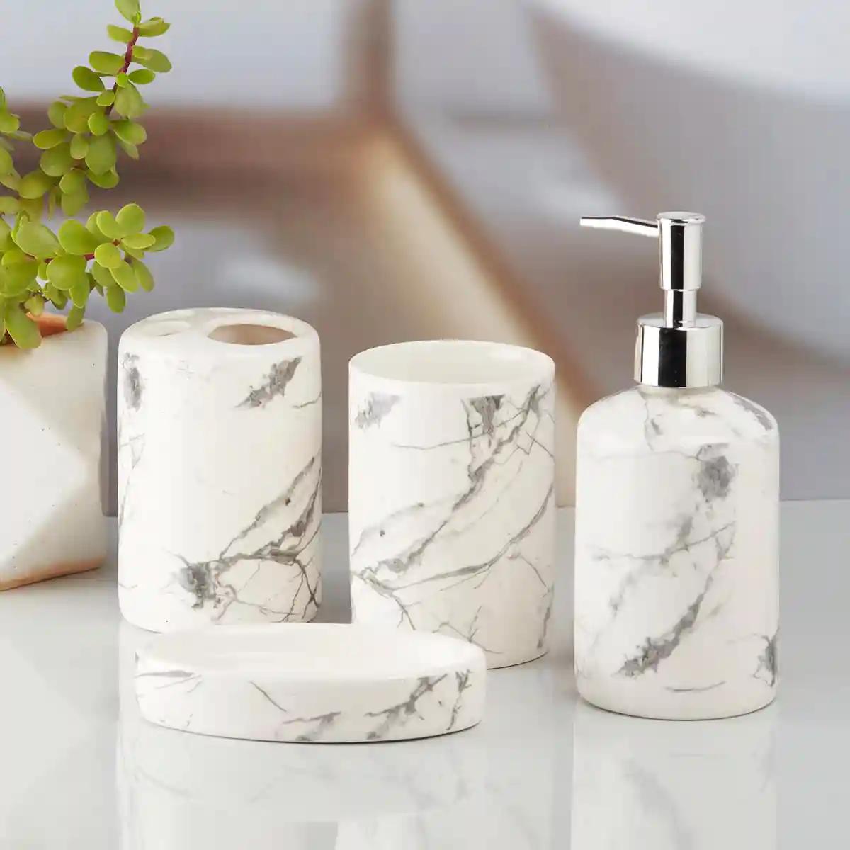 Kookee Ceramic Bathroom Accessories Set of 4, Modern Bath Set with Liquid handwash Soap Dispenser and Toothbrush holder, Luxury Gift Accessory for Home - White (8074)