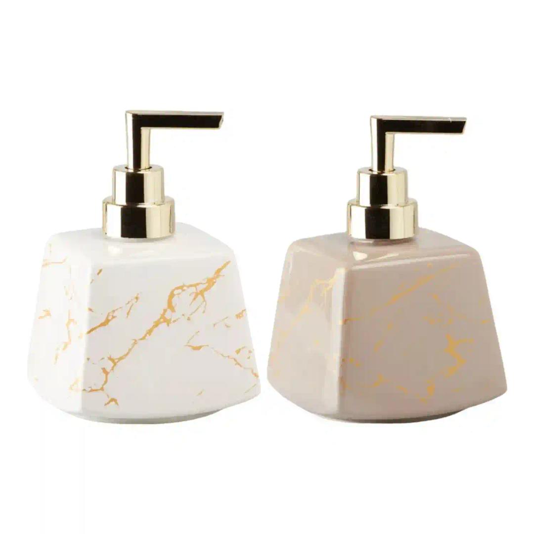 Kookee Ceramic Soap Dispenser for Bathroom hand wash, refillable pump bottle for Kitchen hand wash basin, Set of 2, White/Beige(10833)