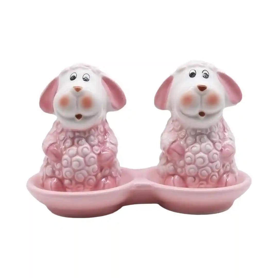 Kookee Ceramic Salt and Pepper Shakers Set with tray for Dining Table used as Namak Dhani, Shaker, Sprinkler, Spices Dispenser for Home, Kitchen and Restaurant, Sheep Design, Pink (8561)