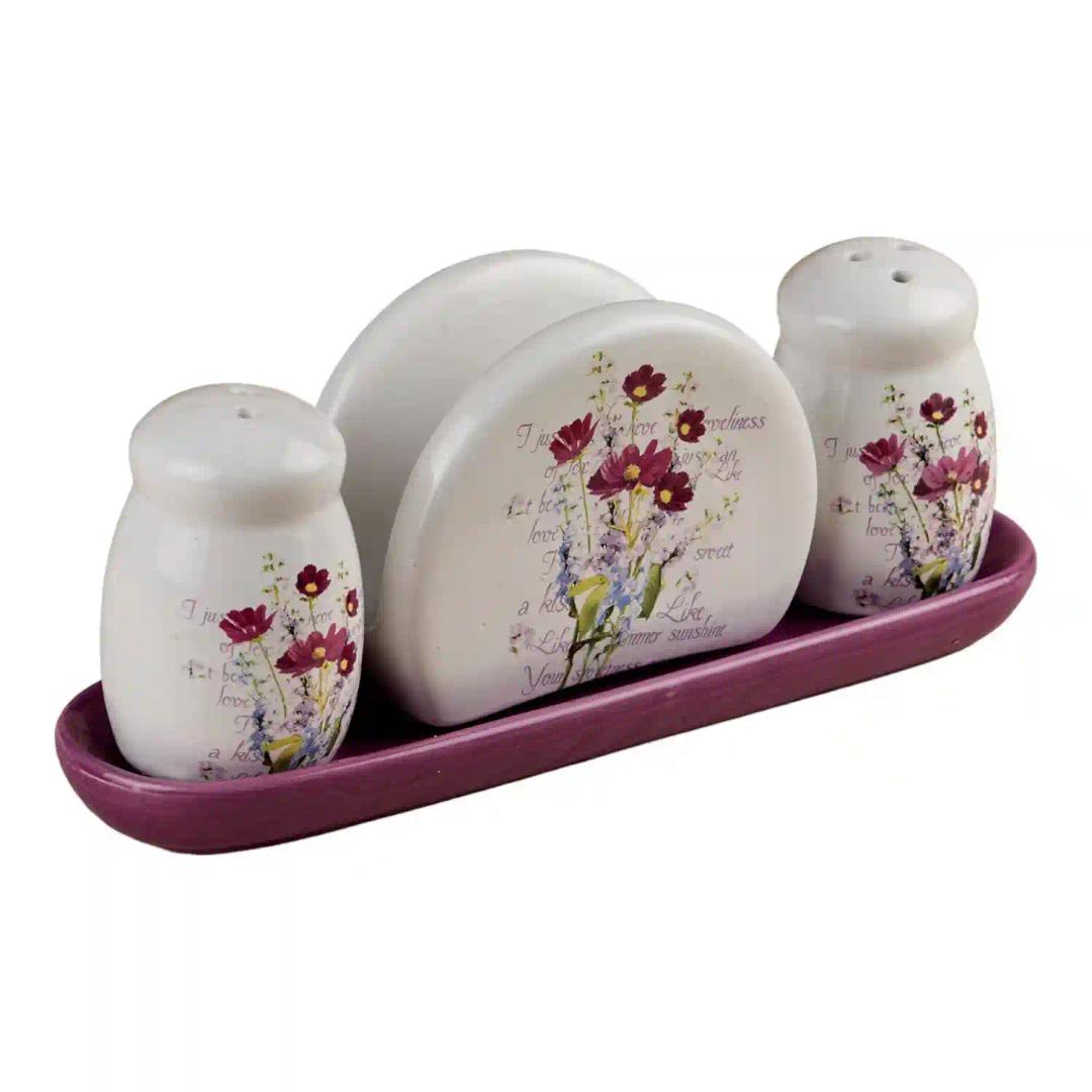 Kookee Ceramic Salt and Pepper Shakers Set with tray for Dining Table used as Namak Dhani, Shaker, Sprinkler, Spices Dispenser for Home, Kitchen and Restaurant, Purple (10715)