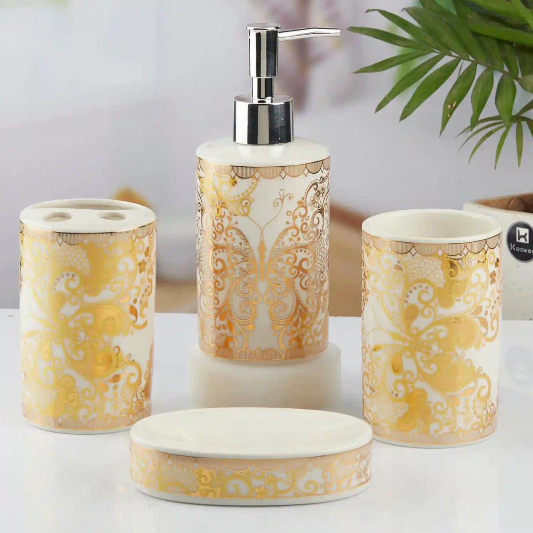 Kookee Ceramic Bathroom Accessories Set of 4, Modern Bath Set with Liquid hand wash Soap Dispenser and Toothbrush holder, Luxury Gift Accessory for Home, Gold (10378)