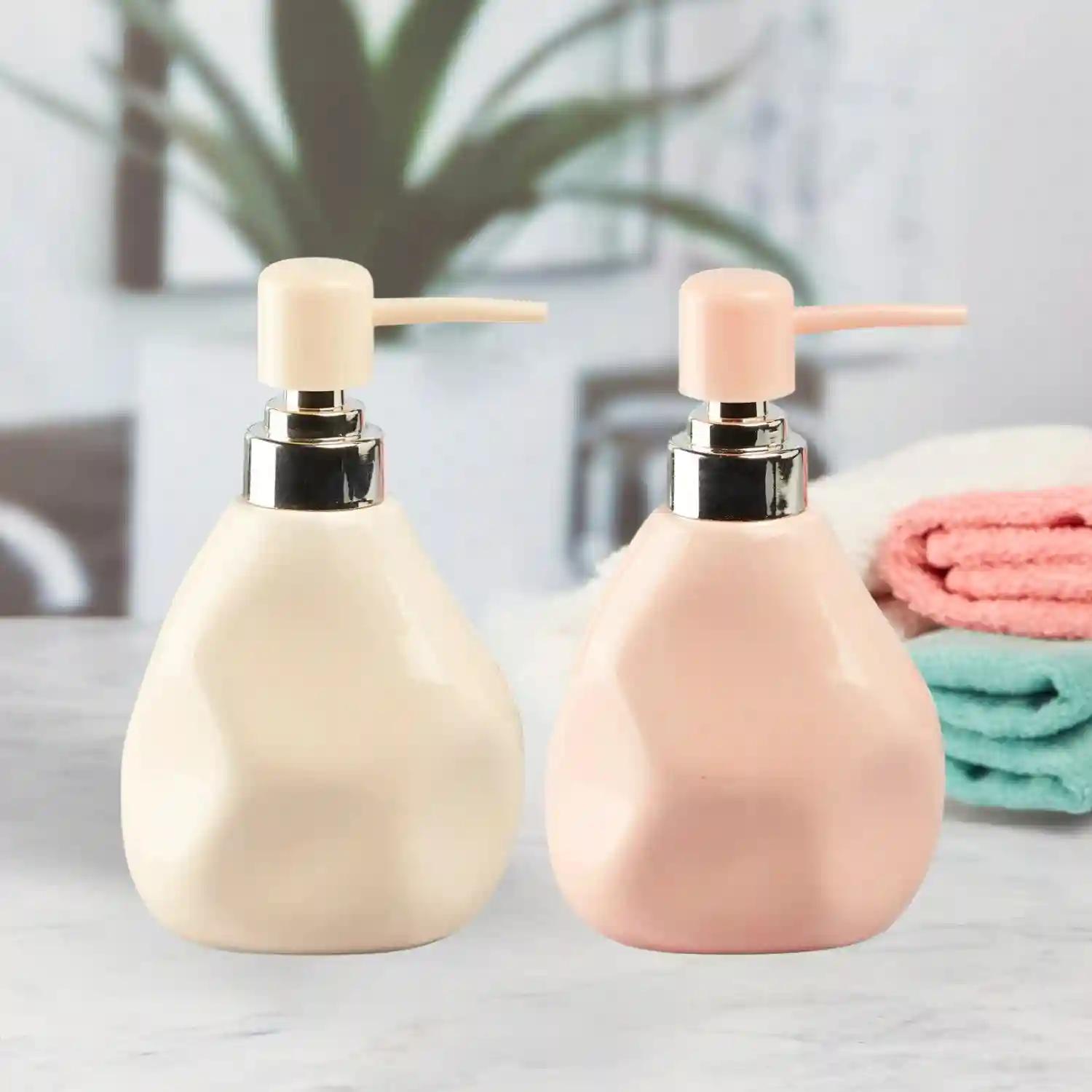 Kookee Ceramic Soap Dispenser for Bathroom hand wash, refillable pump bottle for Kitchen hand wash basin, Set of 2, Multicolor (11068)