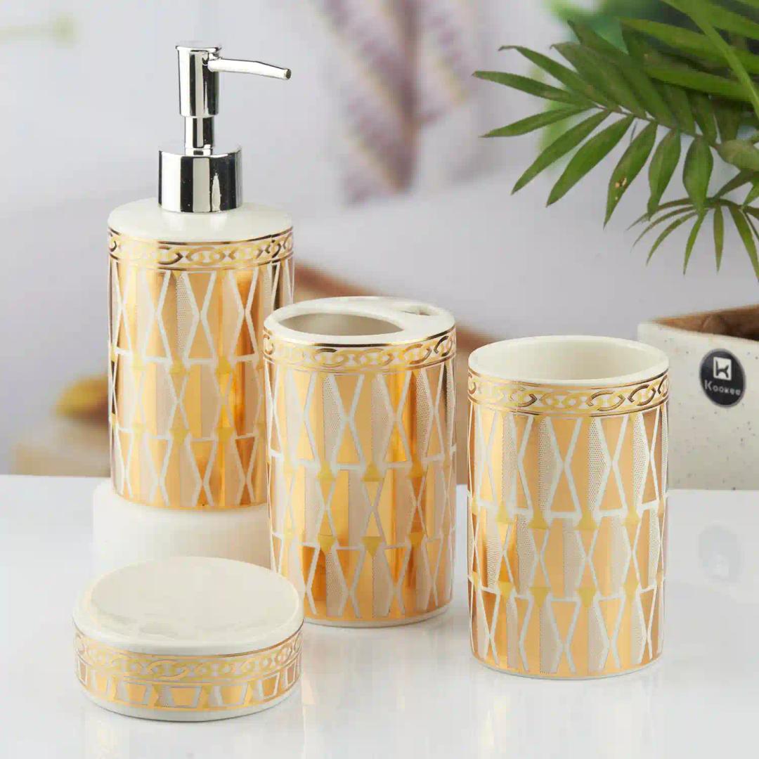 Kookee Ceramic Bathroom Accessories Set of 4, Modern Bath Set with Liquid hand wash Soap Dispenser and Toothbrush holder, Luxury Gift Accessory for Home, Gold (10394)