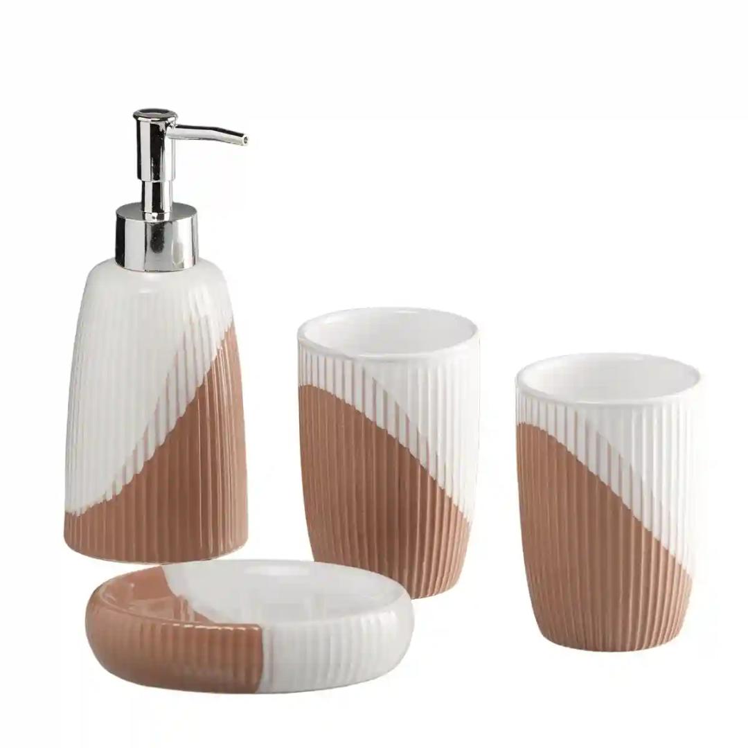 Kookee Ceramic Bathroom Accessories Set of 4, Modern Bath Set with Liquid handwash Soap Dispenser and Toothbrush holder, Luxury Gift Accessory for Home - Brown (10100)