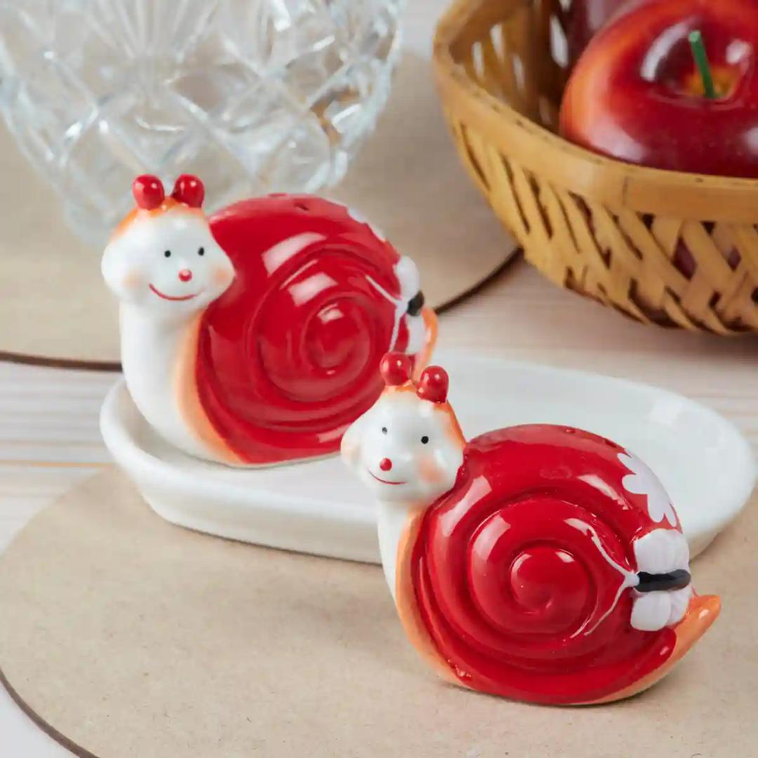 Kookee Ceramic Salt and Pepper Shakers Set with tray for Dining Table used as Namak Dhani, Shaker, Sprinkler, Spices Dispenser for Home, Kitchen and Restaurant, Snail Design, Red White (8570)