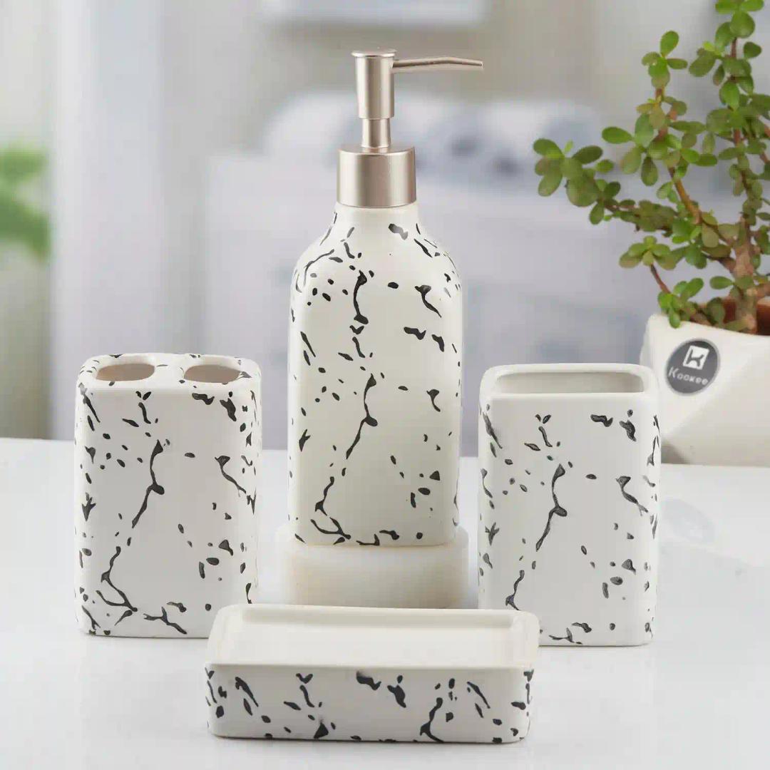 Kookee Ceramic Bathroom Accessories Set of 4, Modern Bath Set with Liquid hand wash Soap Dispenser and Toothbrush holder, Luxury Gift Accessory for Home, White (10445)