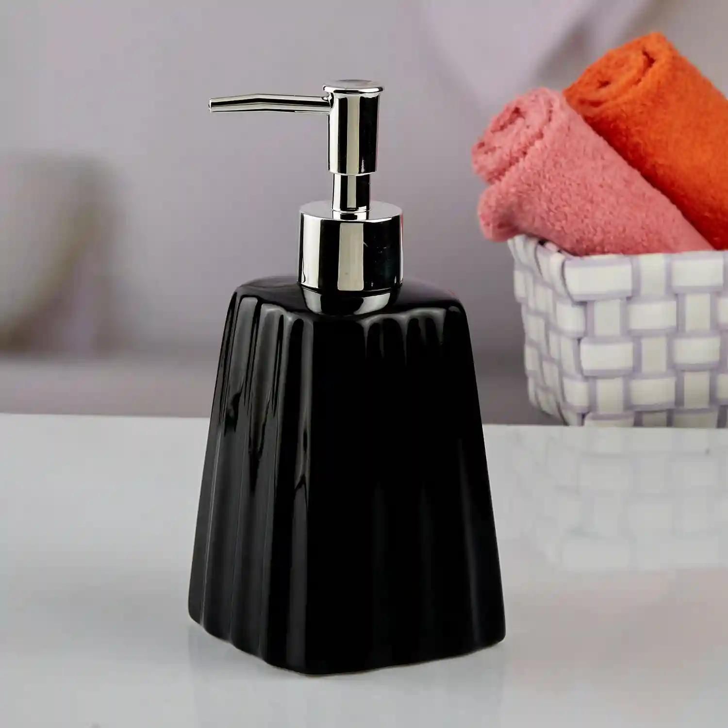 Kookee Ceramic Soap Dispenser for Bathroom hand wash, refillable pump bottle for Kitchen hand wash basin, Set of 1, Black (10598)